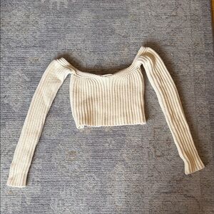 MAJORELLE Cream Ribbed Off-Shoulder Crop Top